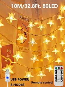 1pc USB Power Supply With 8 Lighting Modes, Star String Lights With Remote Control, Suitable For Indoor Home, Girls' Bedrooms, Walls, Outdoor Courtyard, Parties, Holiday Decor LED Fairy Tale Lights, Camping Tent Decor Lights, Christmas Decor Lights - Yellow - View 13