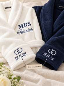 Customized Embroidered Couple Bathrobes, Personalized Name & Date Mr Mrs Plush Terry Cloth Bathrobe, Tie Waist Large Lapel Loungewear, Wedding Anniversary Gift - Multicolor - View 7