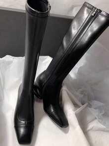 Women's Square Toe Chunky Heel Side Zipper Casual Patchwork Suede Slim Minimalist High Heel Tall Boots - Black - View 3
