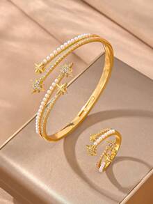 24k Champagne Gold Bracelet Set, Versatile Textured Copper With Zirconia Inlay, Suitable For Daily Wear, Gatherings, Dates, Parties, Gifts - Gold - View 8