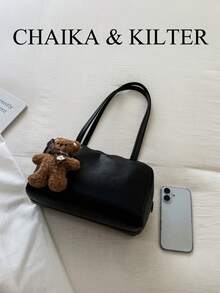 CHAIKA & KILTER 1件裝純色PU布料女款復古時尚啞光單肩保齡球包，對比色絎縫拼接，雙手柄設計，拉鍊開合，適合日常與旅行使用 - 黑色 - 查看 4