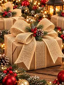 2.4inch Faux Linen Ribbon Roll 5 Yards, Red Green Brown Faux Linen Wire Edge Satin Ribbon, Shapeable Easy To Shape, Christmas Polyester Coarse Mesh Ribbon, Wreath Christmas Tree Gift Box Tie, Handmade DIY Accessories, Wedding Floral Decoration Material - Coarse Hemp Strap - View 9