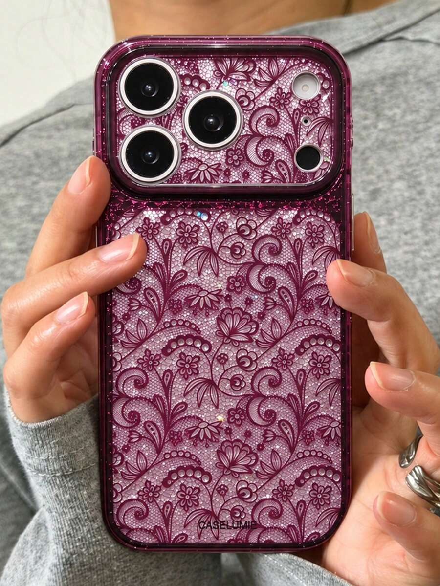 Luxury Elegant Lace Floral Glitter Diamond-Patterned Camera Protection Phone Case Compatible With IPhone 18 Pro Max 18 Pro 17 Pro Max 17 Pro 17 16 Pro Max 16 Pro 16 15 Pro Max 15 Pro 15 14 Pro Max 14 Pro 14 13 Pro Max 13 Pro 13 Vintage Sparkling Shiny Glossy Soft Protective Back Cover - Burgundy Contrast Lace - View 1