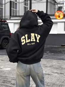 كنزة نسائية، كنزة فضفاضة بأكمام طويلة مبطنة بالصوف للخريف/الشتاء، تتميز بطباعة "Slay All Day" - الأسود - مشاهدة 10