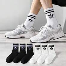 6 Pairs Unisex Mid-Calf Striped Sports Socks, Soft And Sweat-Absorbent, Suitable For Most Sports Scenarios, Winter - Black and White - View 9