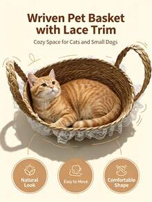 1pc Handmade Woven Pet Basket, Breathable Cat Bed Nest For Cats & Small Dogs, Indoor All Season Use - Multicolor - View 1