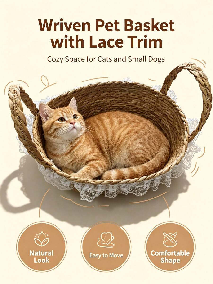 1pc Handmade Woven Pet Basket, Breathable Cat Bed Nest For Cats & Small Dogs, Indoor All Season Use - Multicolor - View 1