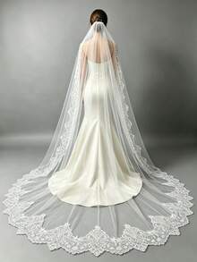 Mantilla Style Lace Bridal Veil, French Lace Trim Long Fingertip Length, With Invisible Hair Comb Wedding Photography Prop - Off-white - View 6