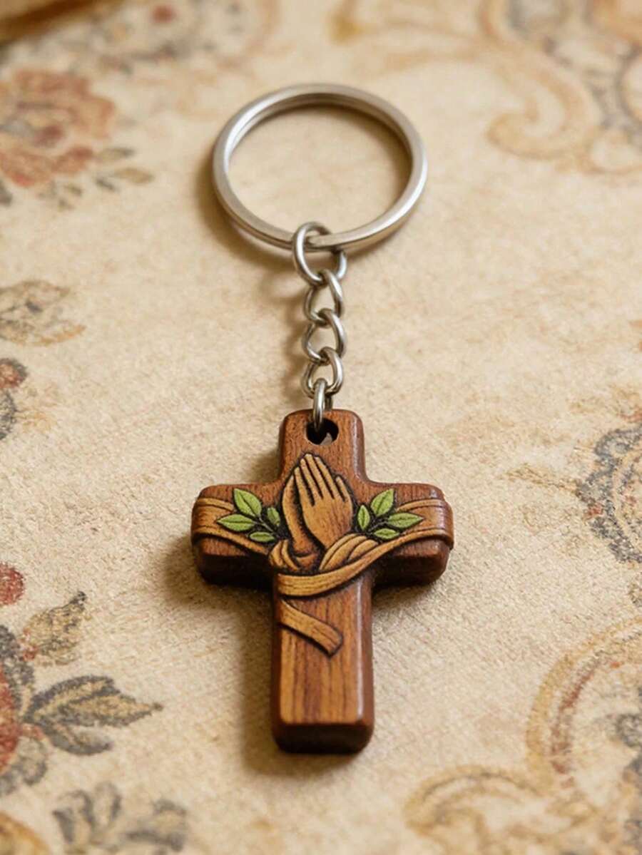 30/15/3Pcs Religious Cross Praying Hands Key Chain Set, Includes Thank You Paper Tags & White Organza Pouches, Ideal Baptism And Party Favor Gifts - Multicolor - View 1