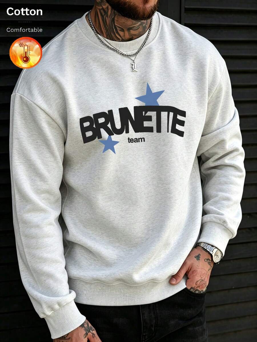 كنزة رجالية فضفاضة بياقة دائرية مبطنة حرارياً للخريف/الشتاء، مطبوعة باسم فريق BRUNETTE ونقشة النجوم - زهرة رمادية - مشاهدة 1