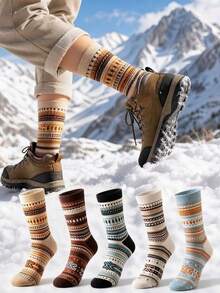 4 Pairs Random Assortment Autumn/Winter Novelty Unisex Vintage Fair Isle Print Mid-Calf Socks, Skin-Friendly Comfortable Nordic Style, Suitable For Home, Holiday Gifts, Daily Wear - Multicolor - View 3