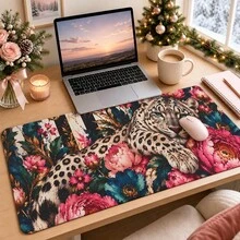 1pc Leopard Peony Floral Mouse Pad, Vintage Snow Leopard Pink Flower Stripe Pattern Extended Desk Mat For Home Office And Gaming, Sizes S/M/L/XL - View 2