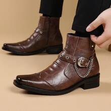 Western Style Side Zipper Vintage Brown Square Toe Men's Boots, Chain Buckle Side Zipper Low Heel Motorcycle Short Leather Boots - Brown - View 4