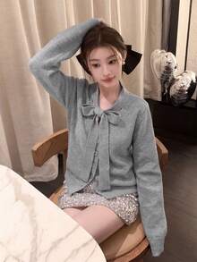 独特的蝴蝶结灰色波尔卡圆点女士开衫毛衣，可单独穿着 - 純灰色 - 查看 2