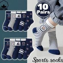 10 Pairs Cotton Boys Striped Sports Socks, Football Basketball Socks, Casual Striped Student Socks - Multicolor - View 7