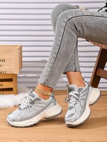 Sepatu Wanita Fashion Colorblock Kulit PU Bertali Nyaman Bernapas untuk Aktivitas Luar Ruangan Sepanjang Musim - Light Grey - View 11