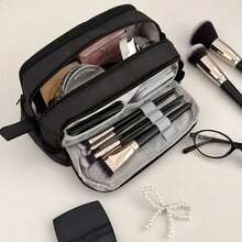 1pc Solid Color 3-Layer Large Capacity Makeup Bag With Brush Slots, Fashionable Highly Attractive Portable Outdoor Travel Compartment Storage Bag Suitable For College Dorm, Vacation - Multicolor - View 12