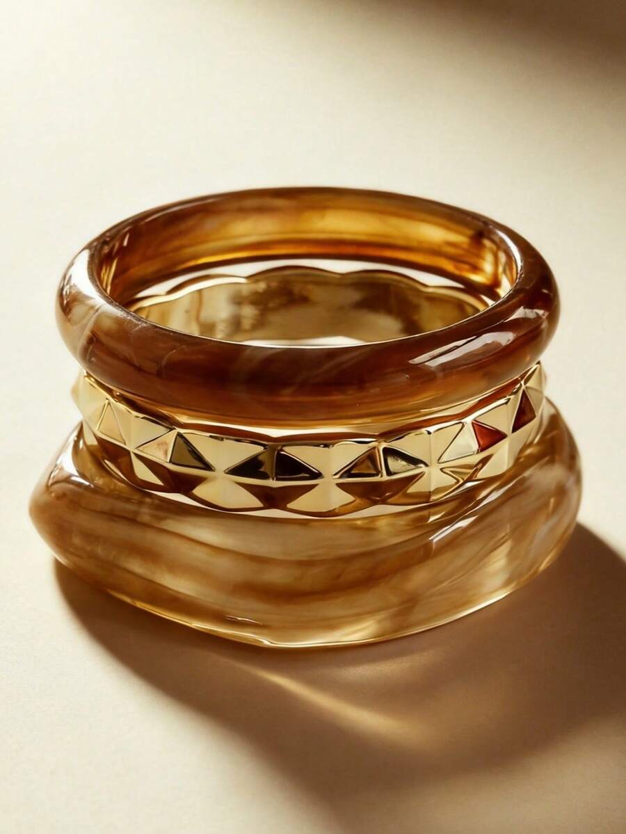 3pcs Vintage Tortoise Shell Tie Dye Resin Bracelet Set, Geometric Rhombus Metal Spliced Stackable Bangles, Women's Vacation Accessory Gift - Multicolor - View 1