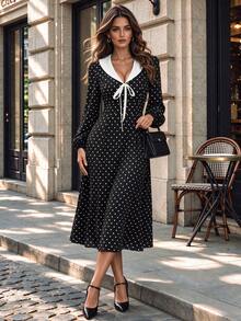 Fall Vintage Black Polka Dot Midi Dress Women, Contrast Collar Front Bow Tie, Lantern Sleeve A Line Fall Dress - Black and White - View 6