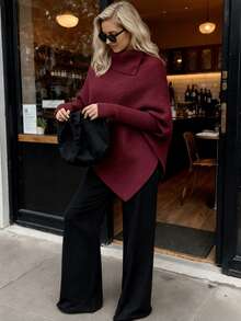 Plus Size Women's Casual Chic Daily Commute Solid Color High Neck Batwing Sleeve Asymmetrical Hem Loose Sweater, Autumn/Winter - Dark Red - View 10