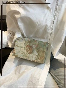 刺繡女款斜挎包，附金屬鏈條，小方盒肩背包，油畫花卉隨機圖案 - 綠色 - 查看 4