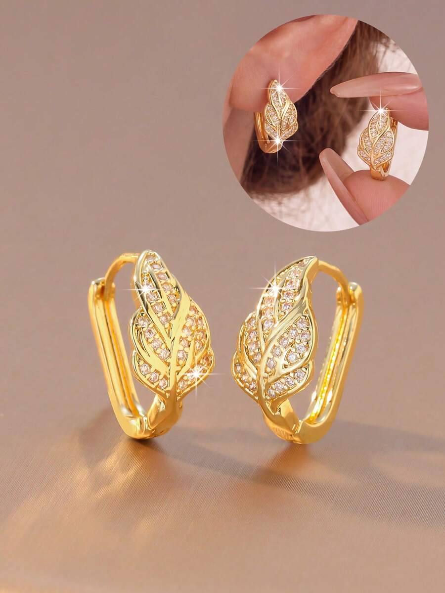 1 Pair Luxury Leaf Ear Cuffs, Fully Inlaid Zirconia Leaf Design ...