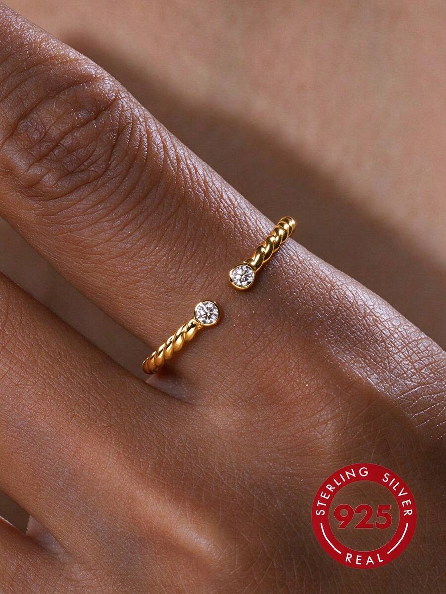 925 Sterling Silver Geometric Twisted Open Ring For Women, Minimalist Classic Fashion Vintage Luxury Delicate Elegant - Gold - View 1