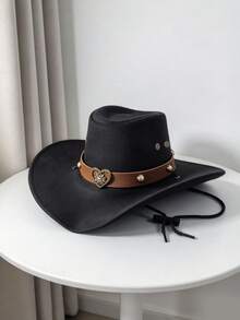 1pc Fashion Heart-Shaped Women's Western Cowboy Hat, Sun Protection Jazz Hat, Suitable For All Seasons, Outdoor Activities, Horse Riding, Parties And Photography. Foldable And Easy To Carry. - Heart Double-strap Hat - View 6