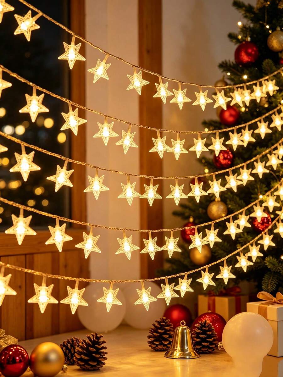 1pc Home Decoration Star Light String, Battery Powered, Indoor Room Decor Star Fairy Light, Bedroom Decoration, Wall Decor Light String, Suitable For Wedding Decor, Party Decoration, Valentine's Day Decor Light String, Christmas Decor Light String