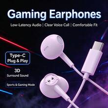 Type-C 介面有線入耳式耳機，高品質音效，HD 通話麥克風，沉浸式低音，通用入耳式耳機附音量控制，相容 iPhone 16/15 Pro Max/17 Air，支援 Type-C 有線耳機，入耳式設計，適合遊戲與降噪通話 - 粉色 - 查看 1