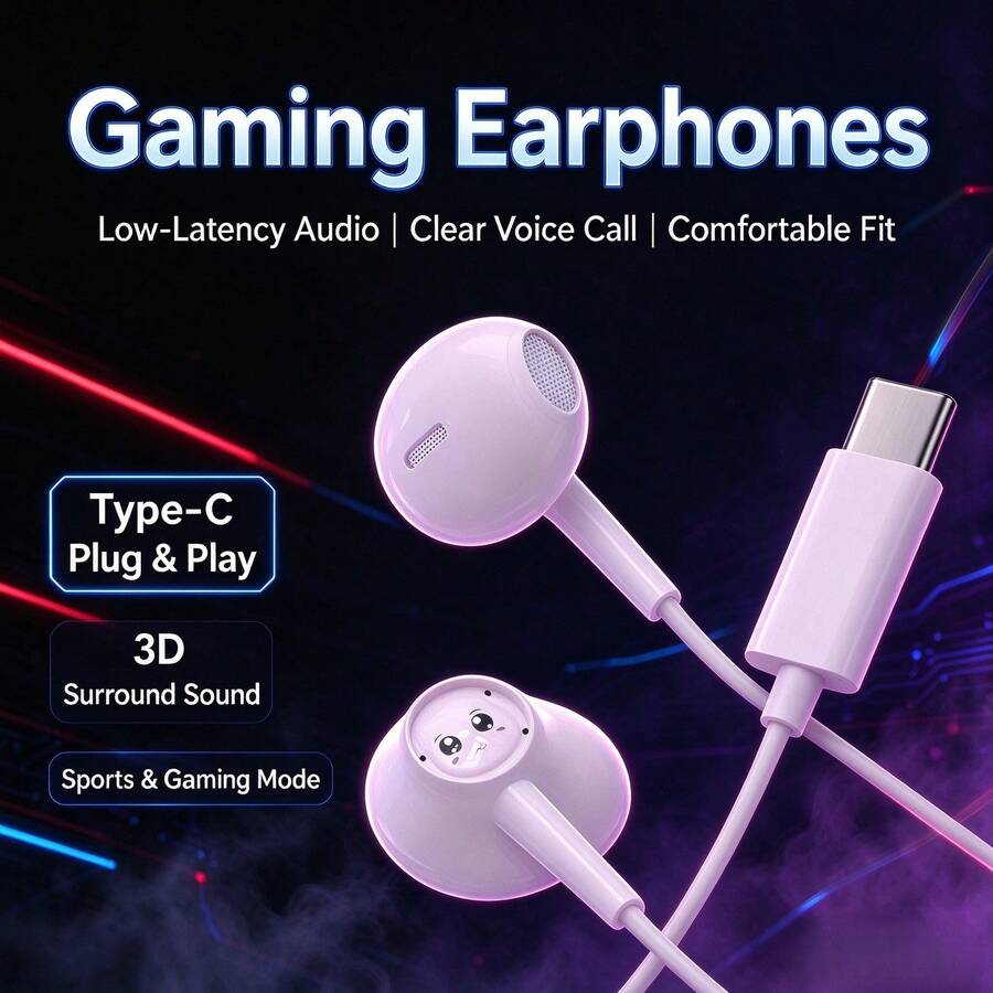 Type-C 介面有線入耳式耳機，高品質音效，HD 通話麥克風，沉浸式低音，通用入耳式耳機附音量控制，相容 iPhone 16/15 Pro Max/17 Air，支援 Type-C 有線耳機，入耳式設計，適合遊戲與降噪通話 - 粉色 - 查看 1