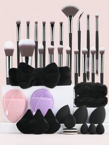37pcs Makeup Tool Set Including 20 Makeup Brushes, 3 Headbands & Wristbands, 2 Glove-Style Makeup Remover Pads, 12 Powder Puffs & Makeup Sponges, Full Face Makeup Tools - Multicolor - View 5