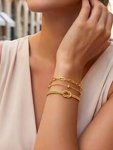 3pcs/Set Women's Stainless Steel Stackable Bracelet Set, Gold Paperclip And Knot Snake Chain Bracelets, Suitable For Daily, Holiday, Party, Gift - Bracelet 3-piece Set - View 3