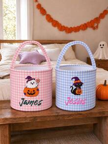 Personalized Plaid Halloween Basket, Personalized Halloween Bag, Reusable Halloween Party Gift Bag, Party Gift, Halloween Decoration, Gift And Holiday Storage Basket, Boo Basket Gift, Halloween Boo Basket Gift - Multicolor - View 5
