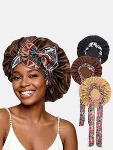 3PCS Women's 36CM Diameter Elastic Printed Satin Sleep Cap With Ribbon Tie Headscarf Hair Protection Hat Suitable For Daily Use - Multicolor - View 5
