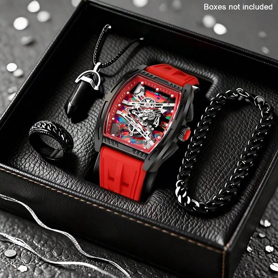Men's Silicone Watch Classic Fashion Barrel Shape Personalized Gear Dial Handsome Sports Quartz Wristwatch + Bracelet + Necklace + Ring (4pcs/Set) Watch Box Not Included - Red - View 1