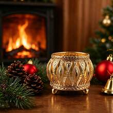 Vintage Golden Filigree Candle Holder, Hollow Metal Three-Legged Tealight Cup, European Style Tabletop Candle Holder For Wedding Dining Home Decor,Candles NOT Included - Gold 1pc - View 3