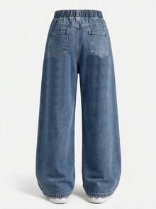 1PC Girls Y2K Colorful Asymmetrical Bow & Star Embroidered Loose Wide Leg Denim Jeans, Outdoor Casual Loose Straight Leg Pants - Medium Wash - View 3