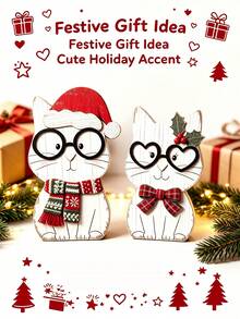 1pc Wooden Desktop Decoration, Freestanding Rustic Christmas Cat Figurine, Suitable For Mantel, Shelf, Dining Room, Home Christmas Seasonal Craft Decor Gift - Multicolor - View 3