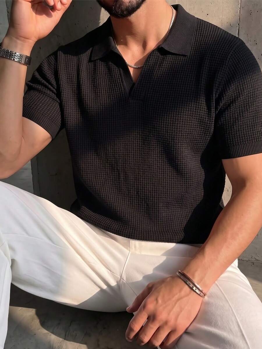 Men's Solid Color Waffle Knit Polo Shirt, Short Sleeve, Casual Top, Lightweight