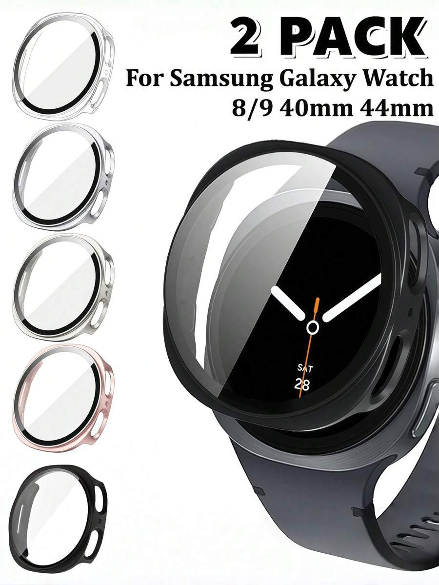 2 Packs 3 In 1 Case With Tempered Glass Screen Protector Compatible With Samsung Galaxy Watch 8/9 40mm 44mm Ultra-Thin Full Coverage Hard PC Anti-Scratch High Definition Protective Bumper Case Galaxy Watch 8/9 Protective Shell 44mm 40mm Sports Accessories Watch 9 Watch 8 For Men And Women, Black/Transparent/Rose Gold/Starlight