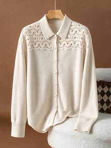 HEYMINI Autumn/Winter New 100% Wool Sweater, Shoulder Cut-Out Lapel Long Sleeve Knit Cardigan, Suitable For Daily Wear And Outings - White - View 3