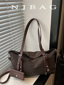 Fashion Studded Decor Underarm Tote Bag, Large Capacity Commuter Shoulder Bag, Comes With Small Card Holder Pendant, Lightweight Daily Handbag - Coffee Brown - View 1