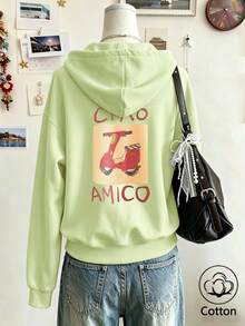 Women's Cotton Loose Hooded Sweatshirt With Pockets, Autumn/Winter Style, Printed With Motorcycle Pattern And CIAO AMICO Text - Pink Yellow - View 2