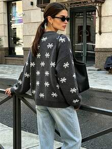 Autumn/Winter Snowflake Print Round Neck Button Long Sleeve Cardigan Sweater Jacket, Fashionable Elegant Minimalist Lazy Loose Versatile Elegant Knitwear - Grey - View 3
