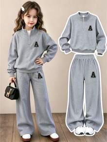 2pcs Girls Outfit Set, Includes Half-Zip Hooded Sweatshirt (Printed With Letter "A") And Loose Wide-Leg Pants, Fashionable Versatile Autumn/Winter New Style - Grey - View 1