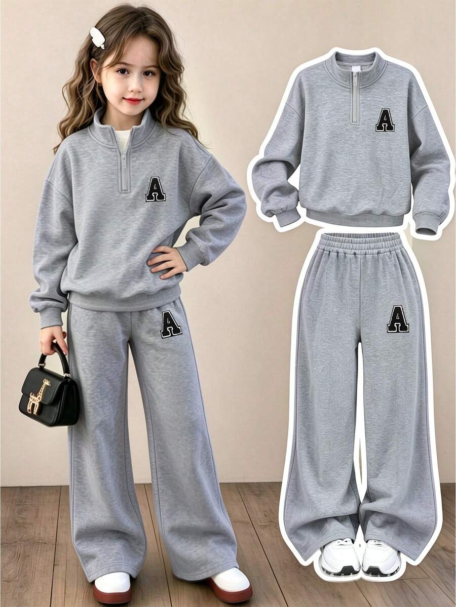 2pcs Girls Outfit Set, Includes Half-Zip Hooded Sweatshirt (Printed With Letter "A") And Loose Wide-Leg Pants, Fashionable Versatile Autumn/Winter New Style - Grey - View 1