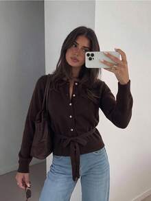 Women's Autumn/Winter Knit Cardigan, Y2K Casual Style, Round Neck Long Sleeve Coffee Color Knit Top, Suitable For Daily Wear And Commuting - Dark Coffee - View 6