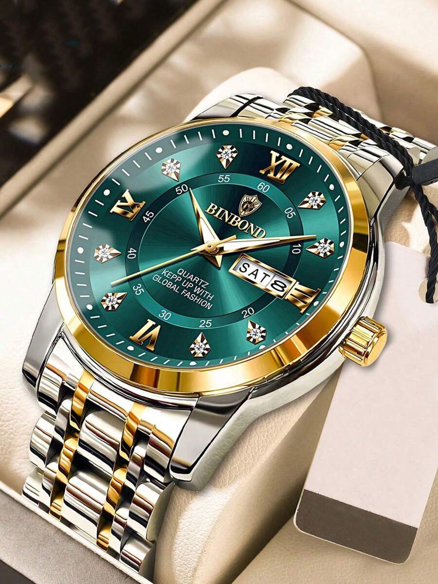 Men's Luxury Wristwatch, Elegant Date And Day Display, Waterproof Luminous Quartz Stainless Steel Sports Watch, Suitable For Christmas, Father's Day - Green - View 1