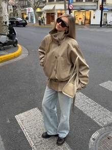 Solid Color Office Fashion Casual Elegant Commute Daily OL Minimalist Retro Academy Urban Modern Women's Jacket - Light Khaki - View 2